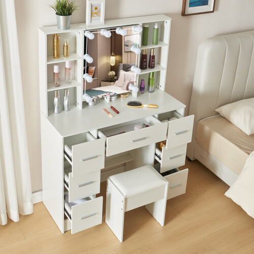 7 Drawers Dresser Table With LED Light Mirror Makeup Desk Vanity Table 1