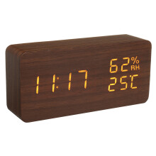 (Black) Modern Wooden Wood Digital Thermometer USB Charger LED Desk Alarm Wireless Clock