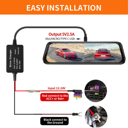 Typ-C Dashcam-Hardwire-Kit 3,2 m, 10 W, 12–30 V 2