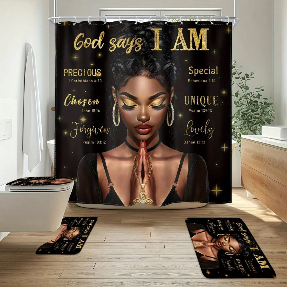 (zjl-250320000074) âGod Says I Amâ Inspirational Bathroom Set - Waterproof Shower Curtain, Toilet Lid Cover, Bath Mat, and Contour Mat-image-OPC-PJGRSTR-NEW