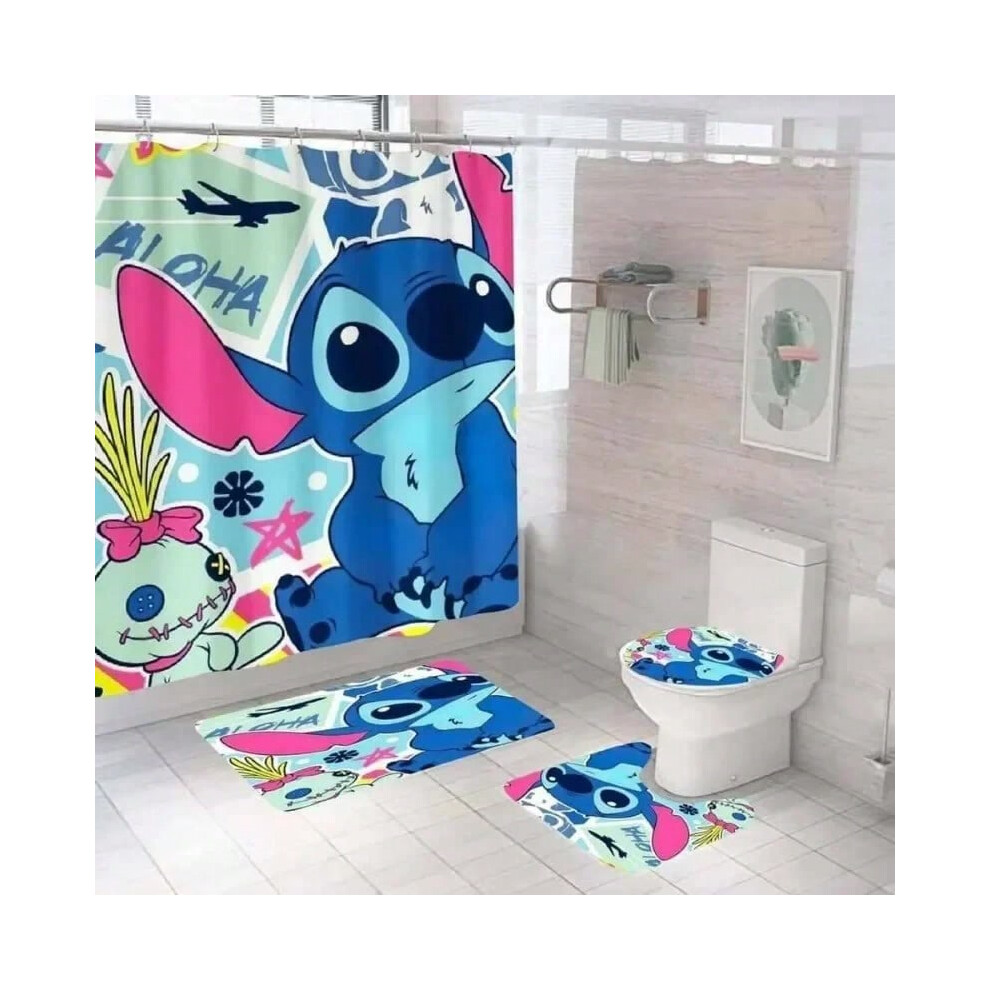 (358, 4pcs set) 4pcs Disney Lilo & Stitch Shower Curtains Bathroom Mat Set Cute Waterproof Mould Proof Bath Drapes Bath Mat Rug Toilet Lid Cover-image-OPC-PJGRT7X-NEW
