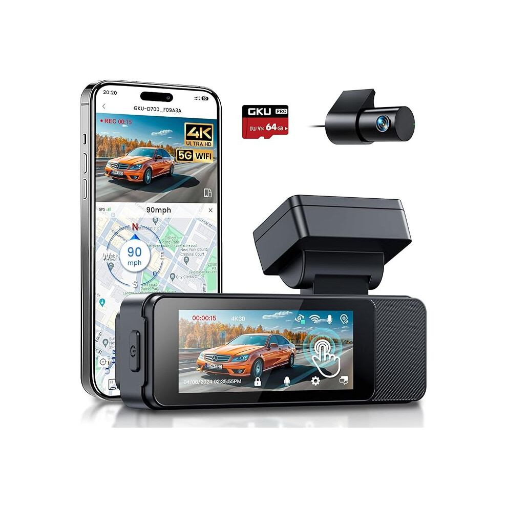 Gku 4K Dash Cam Front And Rear, 5Ghz Wi-Fi Dashcam With 3.18'' Touchscreen, Gps, Dual Car Camera Dash Cam With 64Gb Sd Card,Super Night Vision 1234569875192