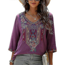 (XX-Large, Purple) Women's Summer Boho Embroidery Mexican Bohemian Tops V Neck 3/4 Sleeve Causal Loose Shirt Blouse Tunic
