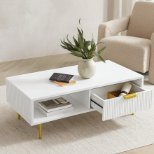 Modern White Coffee Table with Storage, Gold Metal Legs and Handles – Stylish Centre Table for Living Room and Lounge