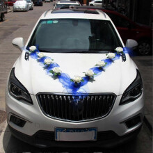 (Blue) Wedding Car Flower Plate Ribbon Bows Set For All Car Models
