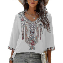 (XX-Large, White) Women's Summer Boho Embroidery Mexican Bohemian Tops V Neck 3/4 Sleeve Causal Loose Shirt Blouse Tunic