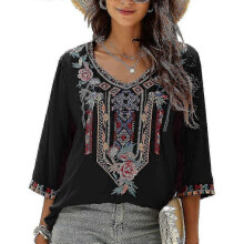 (Large, Black) Women's Summer Boho Embroidery Mexican Bohemian Tops V Neck 3/4 Sleeve Causal Loose Shirt Blouse Tunic
