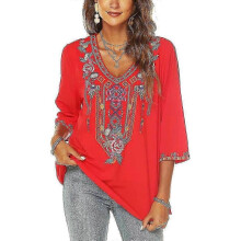 (Medium, Red) Women's Summer Boho Embroidery Mexican Bohemian Tops V Neck 3/4 Sleeve Causal Loose Shirt Blouse Tunic