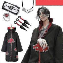 (M) Uchiha Itachi Red Cloud Cloak Anime Ninja Cosplay Costume Headband Necklace Halloween Cloak Adult(EPB17)