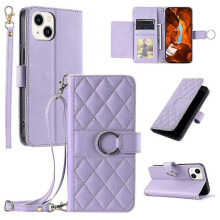 (Purple) For Iphone 15 Crossbody Leather Case Ring Buckle Wallet Stand Rhombus Mobile Cover(EPA13)