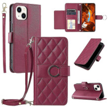 (Red) For Iphone 15 Crossbody Leather Case Ring Buckle Wallet Stand Rhombus Mobile Cover(EPA13)