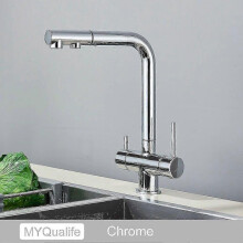 (Chrome) Chrome Brass Pull Out Filtered Kitchen Faucet Dual Handle Hot Cold Drinking Water 3-way Filter Purification Mixer Taps(FPL16)