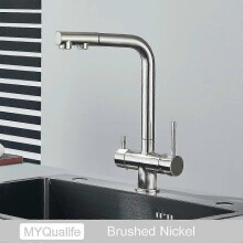 (Brushed Nickel) Chrome Brass Pull Out Filtered Kitchen Faucet Dual Handle Hot Cold Drinking Water 3-way Filter Purification Mixer Taps(FPL16)