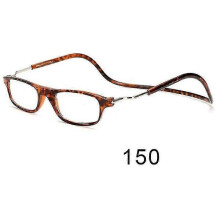 (glasses power 150, Leopard Print) Flexible Magnetic Reading Glasses Hanging Neck Foldable Adjustable Clear Reading Glasses
