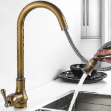 Antique Bronze Antique Brass Kitchen Faucet, Copper Single Hole Widespread Mixer Taps with Pull Out Sprayer-