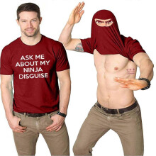 (L, Wine Red) Mens Ask Me About My Ninja Disguise Flip T Shirt Funny Costume Graphic Humor Tee ,100% New(FPL16)