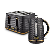 Tower Empire Kitchen Set, 1.7L Rapid Boil Kettle and 4 Slice Toaster, Black with Brass Accents EEJB323