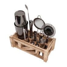 Dishwasher Safe Stainless Steel Bartender Kit with Wooden Stand, 1571g