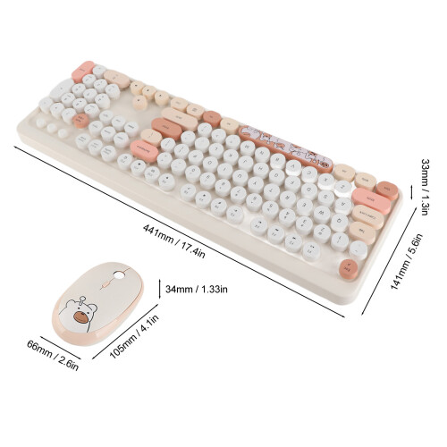 Ergonomic Beige Wireless Combo Round Keys 1600 DPI Mouse Plug & Play 1