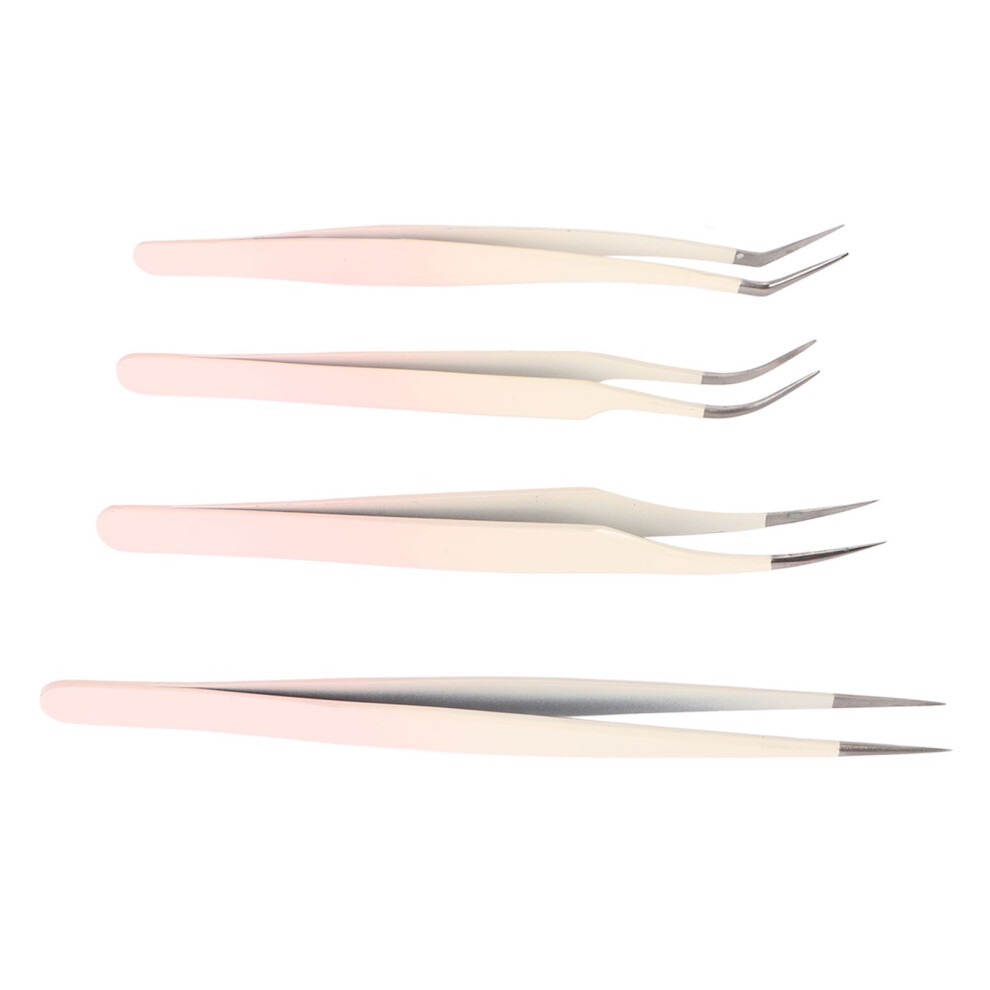 Pink 4Pcs Stainless Steel Eyelash Tweezers Set For Beauty Salon,