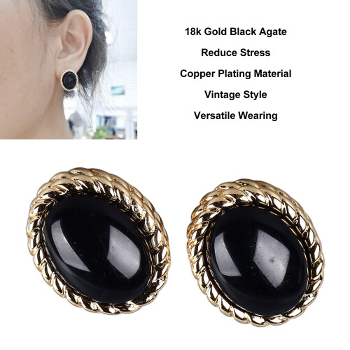 Exquisite Vintage 18K Gold Copper Black Agate Ear Stud Earrings 2