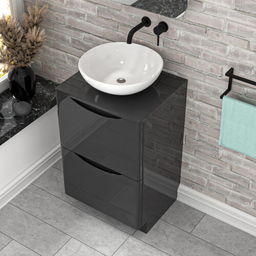 NES Home Nes Home Dark Grey 500mm Freestanding Vanity Unit With Round Ceramic Basin 2