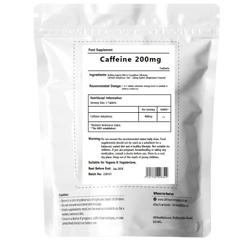 Caffeine 200mg Tablets x 30 - Pre Workout - Gym - Energy Boost Pills 1