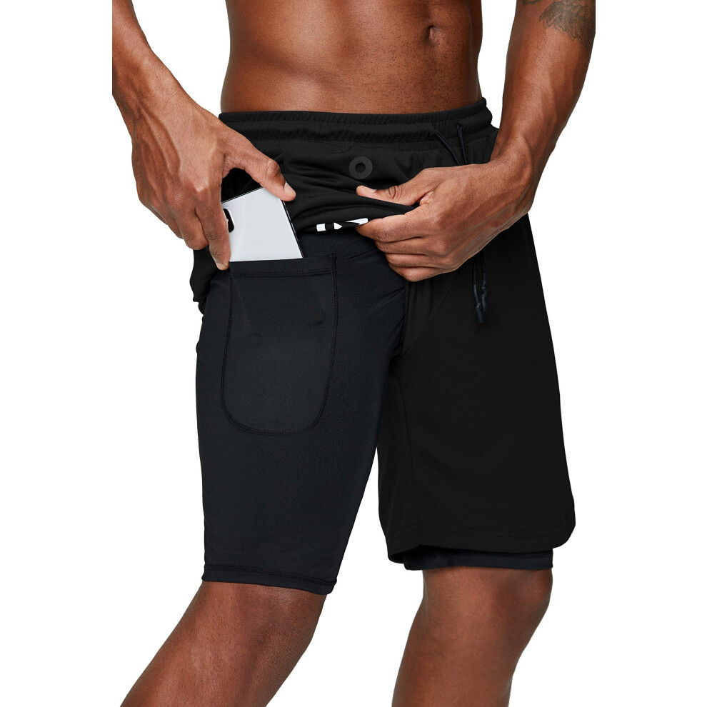Pinkbomb Mens 2 in 1 Running Shorts gym Workout Quick Dry Mens Shorts with Phone Pocket (Black, Large)