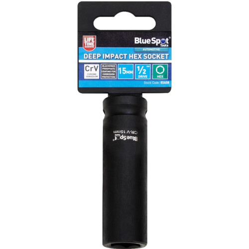 BlueSpot BlueSpot 15mm Deep Socket Impact Hex 6 Point Single CRV Steel 1/2" Drive 1