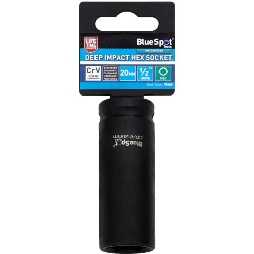 BlueSpot BlueSpot 20mm Deep Socket Impact Hex 6 Point Single CRV Steel 1/2" Drive 1