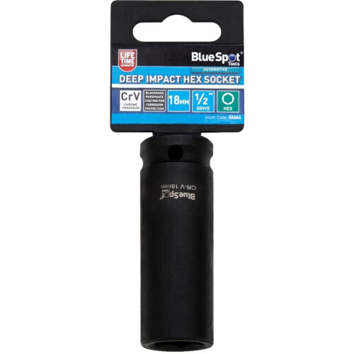 BlueSpot BlueSpot 18mm Deep Socket Impact Hex 6 Point Single CRV Steel 1/2" Drive 1
