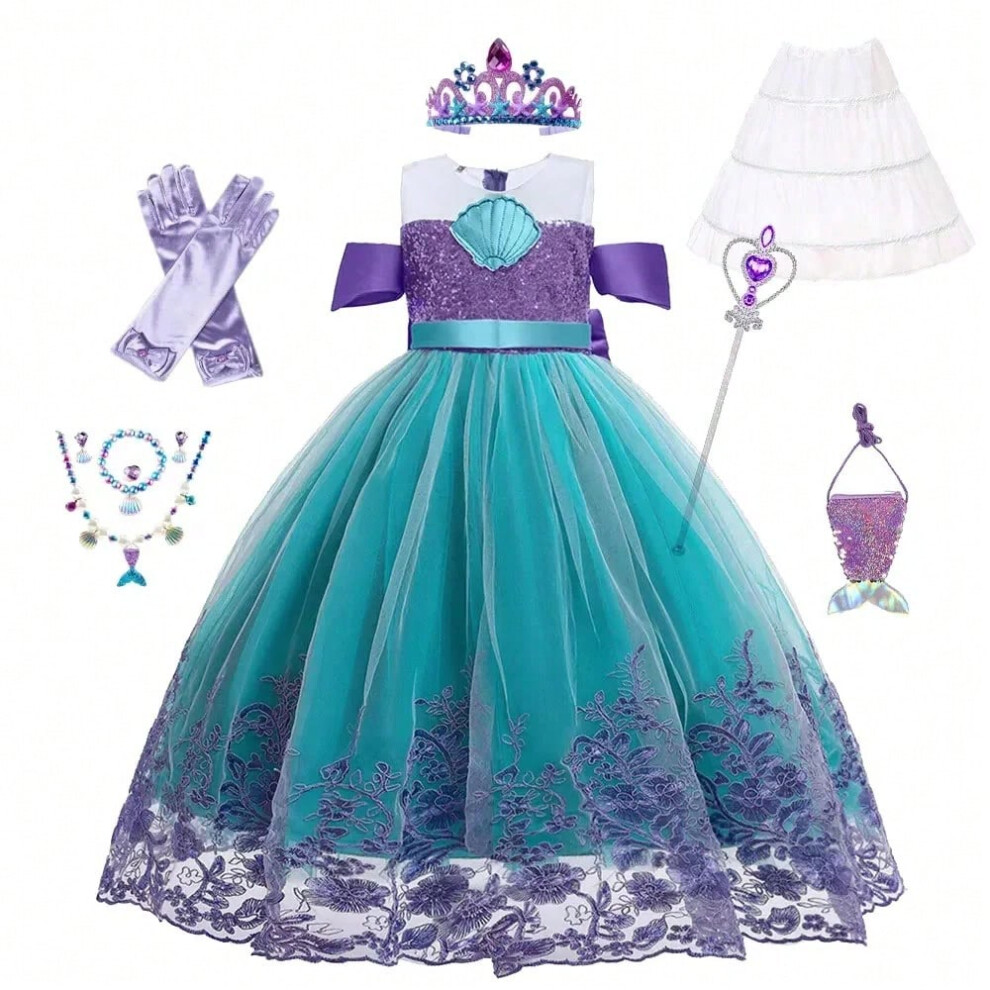(5-6T (Size 130), A04) Cute Girl Princess Little Mermaid Ariel Dress Kids Cosplay Costume Children Halloween Birthday Party Clothes Summer Dress Girl-image-OPC-PJGX589-NEW