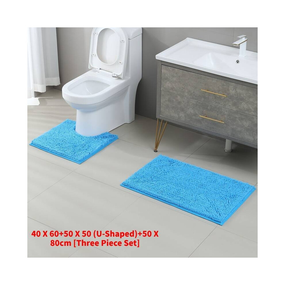 (Blue)Tapis en laine mode confortable simple toilette salle de bain absorbant ensemble de trois pièces