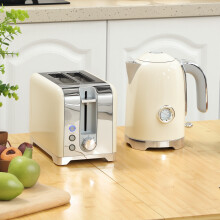 HOMCOM Kettle and Toaster Set with Temperature Gauge, Crumb Tray, Cream