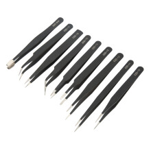 9-teiliges Pinzetten-Set aus Edelstahl, rutschfest, gebogene Spitzen