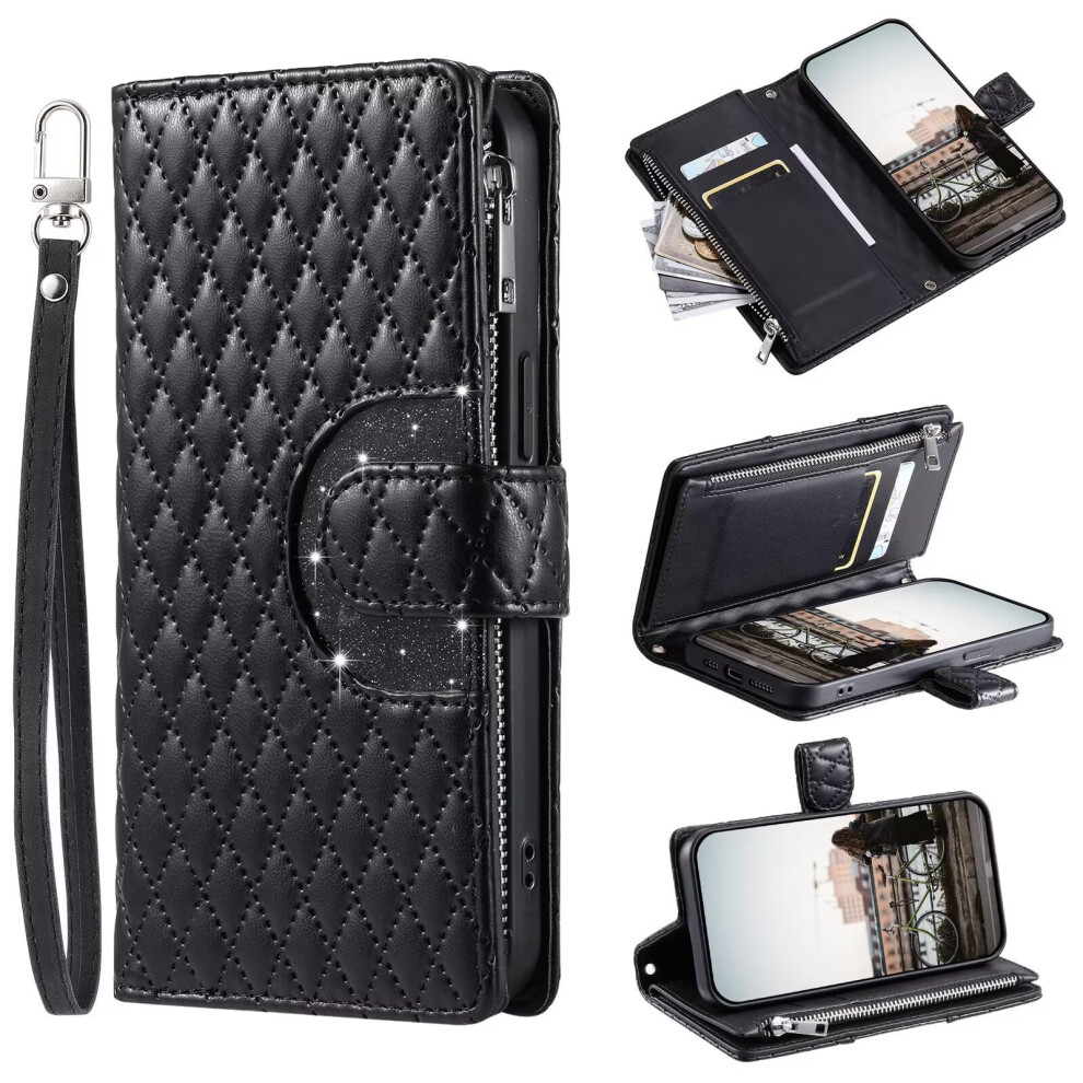Glitter Mobile Phone Case For Oppo Realme C55 Pu Leather Wallet Case Wrist Strap Card Holder Black 6482260488943