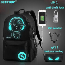 (L  USB music black) Unisex USB Charge Luminous School Bag For Teenagers Music Devil Cartoon Men's Backpack Student Book Bag Pack For Boys Girl Women