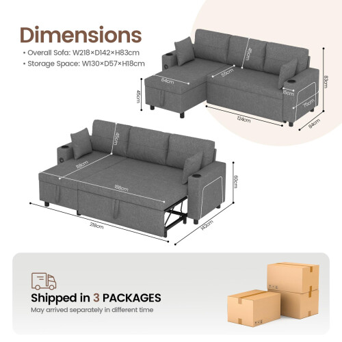 Sofa Bed, L-Shaped Sofa Couch with USB & Type-C Ports 2