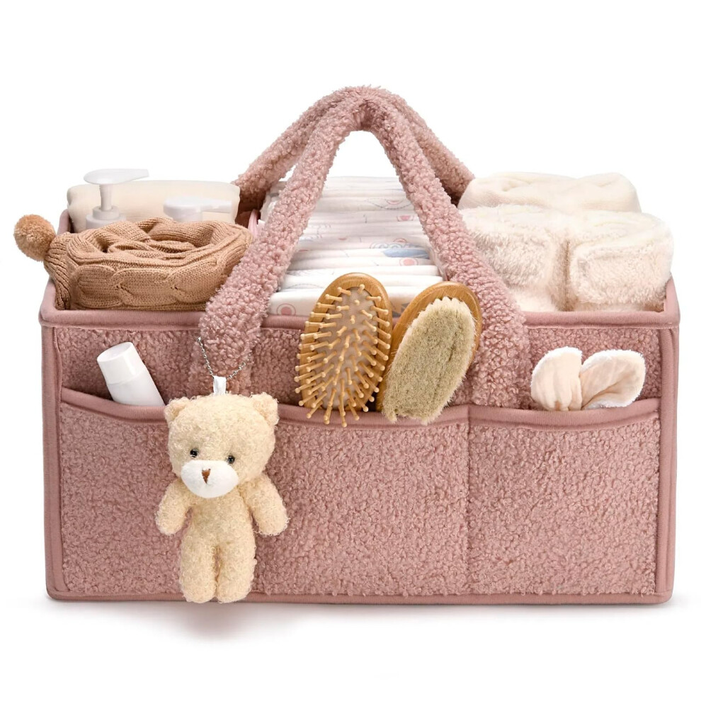 Changing Bag Organiser, Portable Changing Basket With Removable Compartments, Plush Handles, Pink
