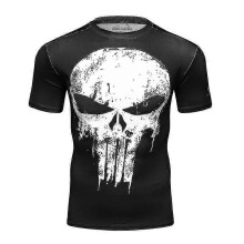 (01, L) Superhero Punisher Short Sleeve Sport T Shirt Workout 3d Compression Quick Dry Training Men's Running Gym Fitness Top Rashgard