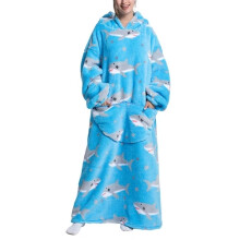 (Blue shark) Extra Long Fleece Oversized Hoodie Blanket Hooded Wearable Sweatshirt Winter UK