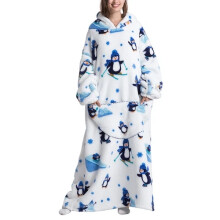 (Snow penguin) Extra Long Fleece Oversized Hoodie Blanket Hooded Wearable Sweatshirt Winter UK