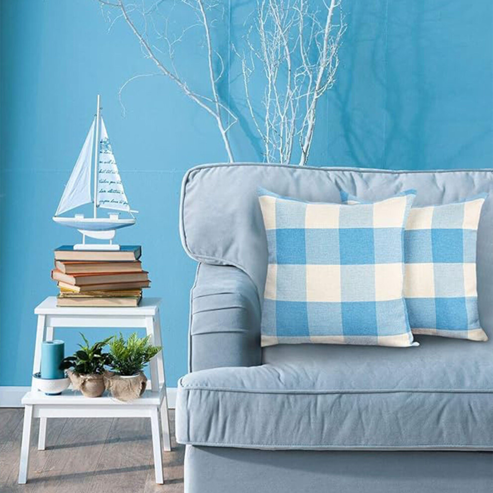 Taies d'oreiller carrées en lin style campagnard, 2 pièces – bleu ciel et blanc, revers