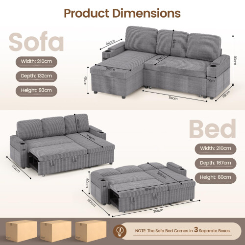 Joolihome L-Shaped Sofa Bed, Adjustable Backrest,Storage,USB 2