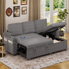 (Corduroy) Sofa Bed, L-Shaped Sleeper Sectional Couch Bed,3-in-1 Convertible Pull Out Corner Sofa, Adjustable Backrest,Storage, USB, Cup Holder for Living Room