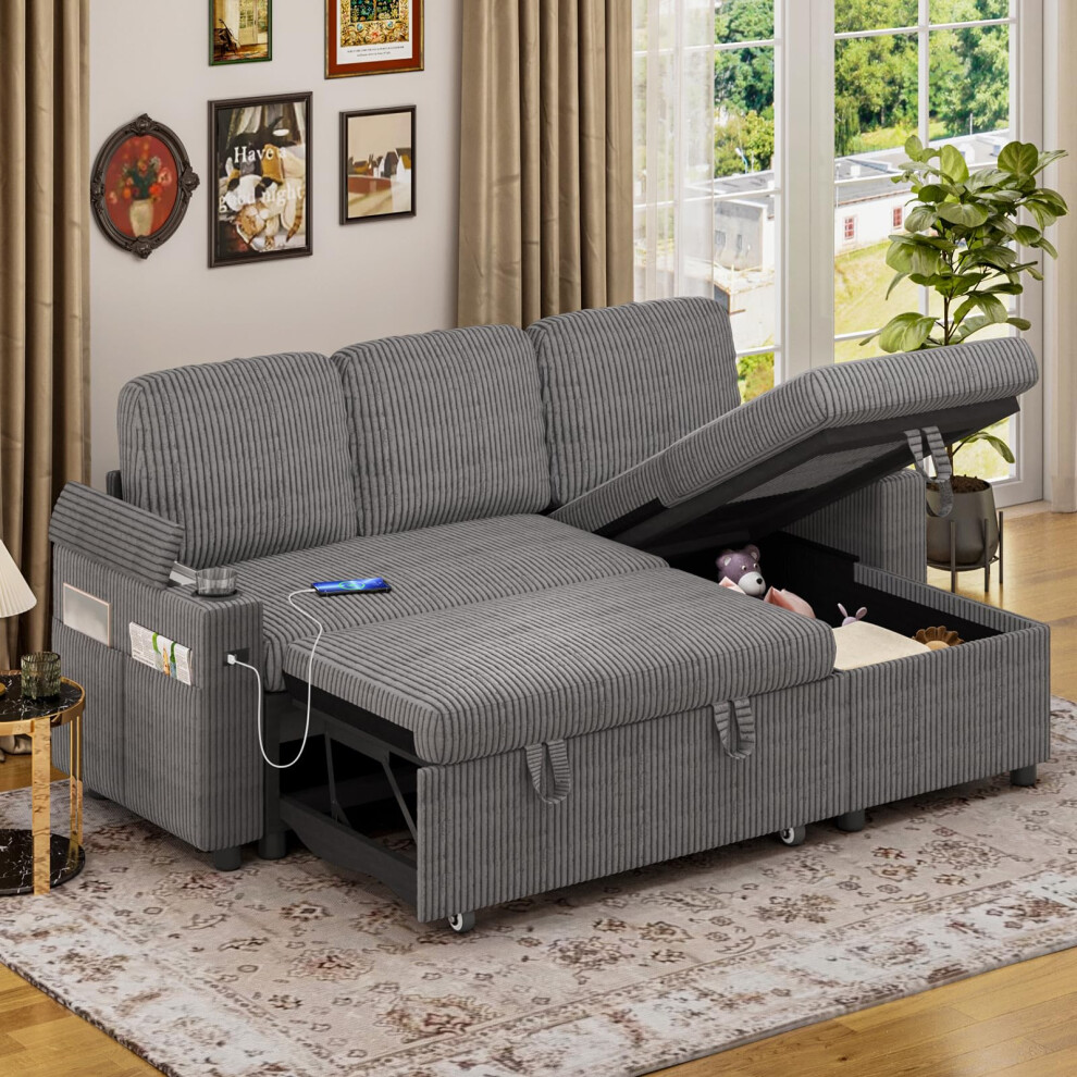 Joolihome (Corduroy) Sofa Bed, L-Shaped Sleeper Sectional Couch Bed,3-In-1 Convertible Pull Out Corner Sofa, Adjustable Backrest,Storage, Usb, Cup Holder For Li Grey