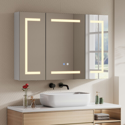 Living And Home Triple-Door Bathroom Mirror Cabinet with LED Lighting