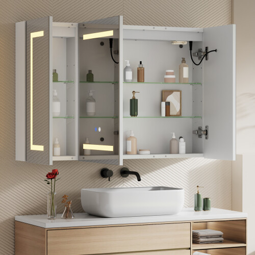 Living And Home Triple-Door Bathroom Mirror Cabinet with LED Lighting 1