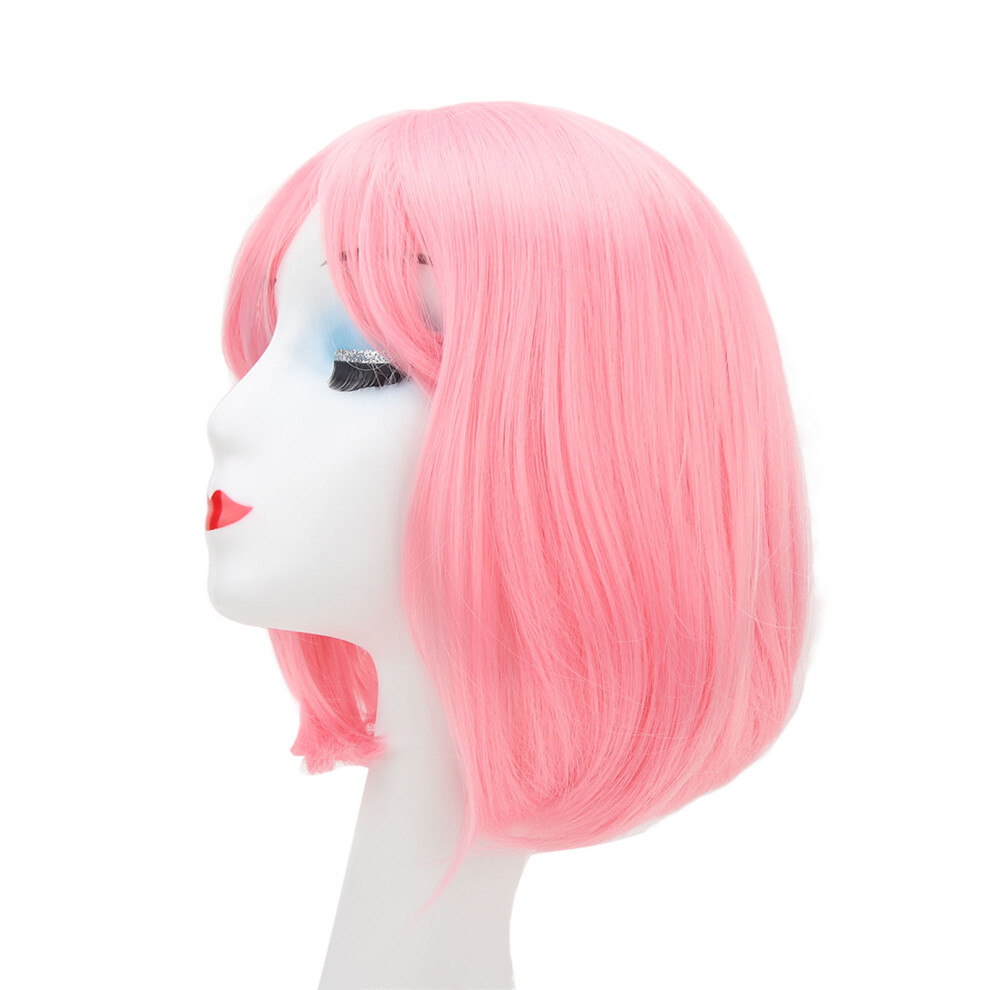 Unisex Pink Short Bob Wig Headgear Fluffy Straight Bob With Bangs For Students