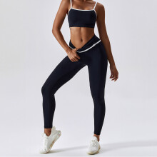 2-teiliges Yoga-Outfit mit Farbblock-Design, Spaghettiträger, gekreuzte Taille, Damen-Sport-Yogahose für Laufen, fortschrittliches Schwarz,